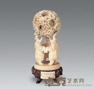 民国 象牙雕三象戏球 高17.5cm
